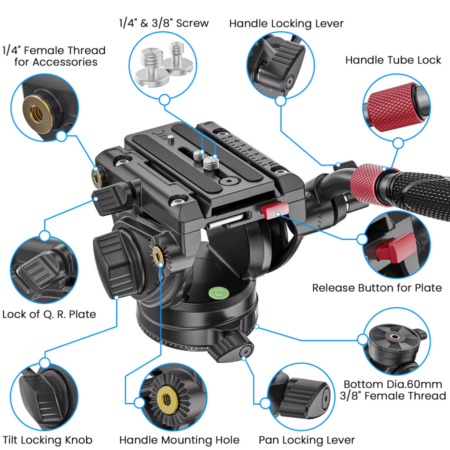 EVUMO V8 Hydraulische Schwenk-Neigebasis mit 72 mm Fluid Head und Q.R-Platte in Schwarz für DSLR und Videokameras - Bild 3