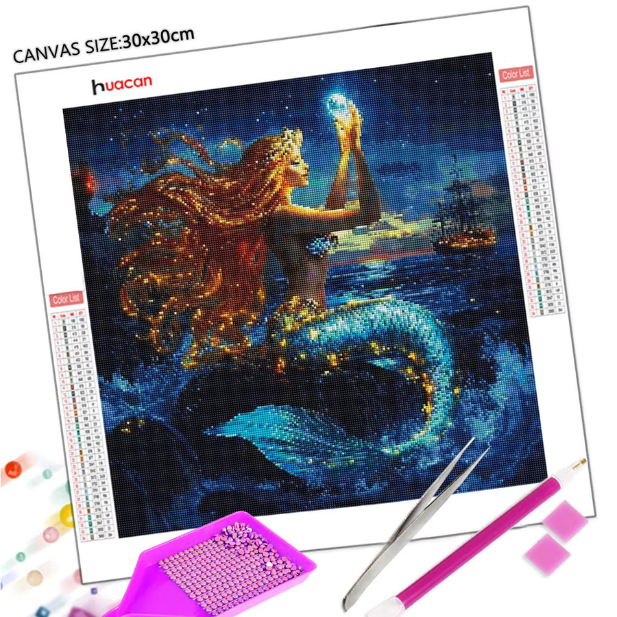 Huacan Diamantmalerei Meerjungfrau mit Wellen und Segelboot als 5D DIY Stickerei Set in Rund, Multicolour, Durchmesser: 20 cm - Bild 2