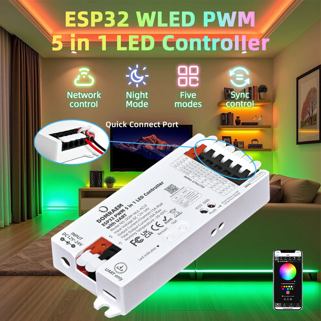 DOMRAEM ESP32 WLED-Controller 5-in-1 für RGB, RGBW und RGBCCT LED-Streifen mit UART, PWM Dimmen, kompatibel mit Amazon Alexa und Google Home Assistant, Farbe: Weiß - Bild 1