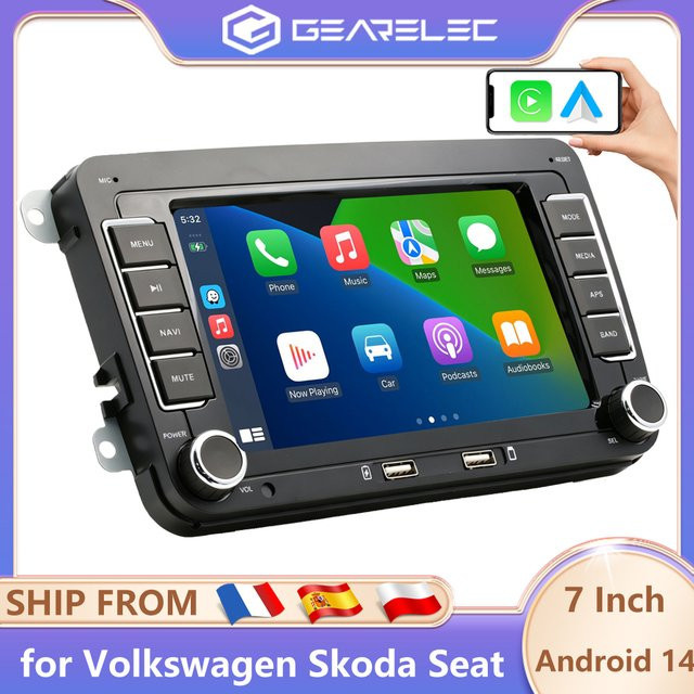GEARELEC Android 14 Autoradio 2 Din Multimedia-Player mit WiFi, GPS und Carplay in Schwarz für VW Volkswagen Skoda Octavia Golf 5 6 Touran Passat B6 Polo - Bild 1