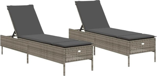 vidaXL Sonnenliegen Set aus 2 Stück in Grau mit Auflagen aus Poly Rattan und verstellbarer Kopfstütze, B/T: 198 x 55 cm - Bild 1