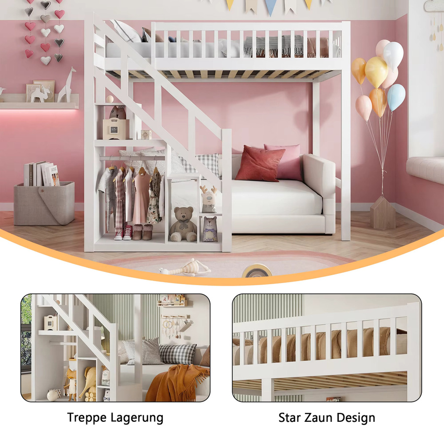 Rosahqnda Kinder-Etagenbett aus Massivholz mit Treppe und Aufbewahrungsschrank in Weiß, B/T/H: 140 x 200 cm - Bild 2