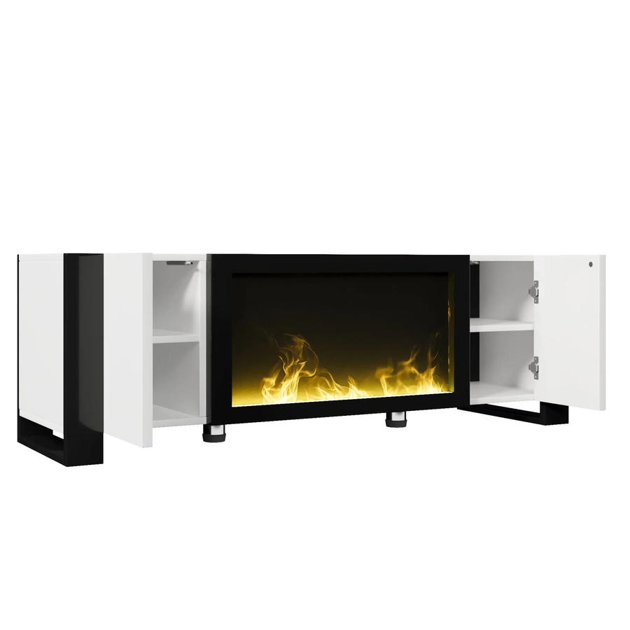 okwish TV Schrank mit elektrischem Kamin und Flammeneffekt in Hochglanz Weiß und Schwarz, B/T/H: 165 x 55 x 32 cm - Bild 2