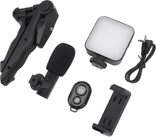 Smartphone Video Vlog Kit mit LED Fülllicht, Stativ und Mikrofon mit Geräuschunterdrückung in Schwarz - Bild 1