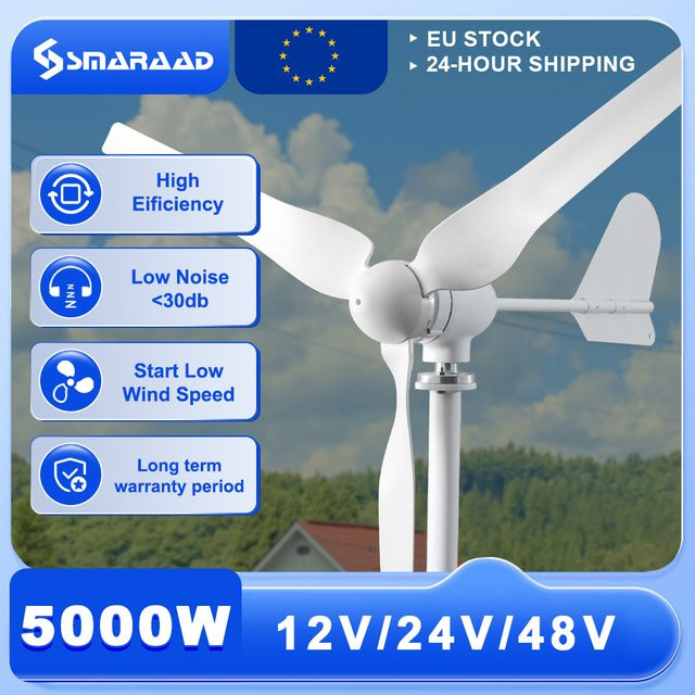 SMARAAD Horizontale Windturbine 5000W für den Haushalt, 12V/24V/48V/220V, Weiß, inklusive Laderegler - Bild 1