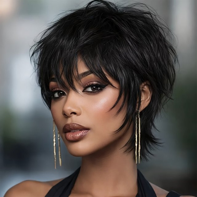 OYM HAIR Pixie-Cut-Echthaarperücke für Damen, schwarz, mit Pony - Bild 1