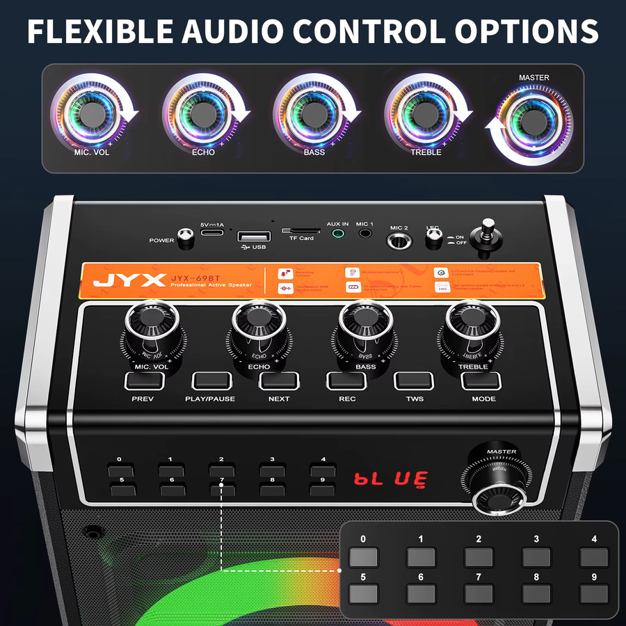 FanFun Karaoke-Maschine in Schwarz mit 2 UHF-Funkmikrofonen, Bluetooth-Lautsprecher mit Bass- und Höhenregelung sowie LED-Licht und PA-System - Bild 3
