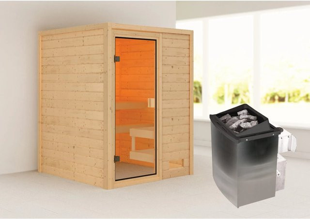 Woodfeeling Massivholzsauna Sandra aus Fichte mit 9 kW Ofen und integrierter Steuerung, Farbe Bronze/Braun, B/T/H: 145 x 145 x 187 cm - Bild 1