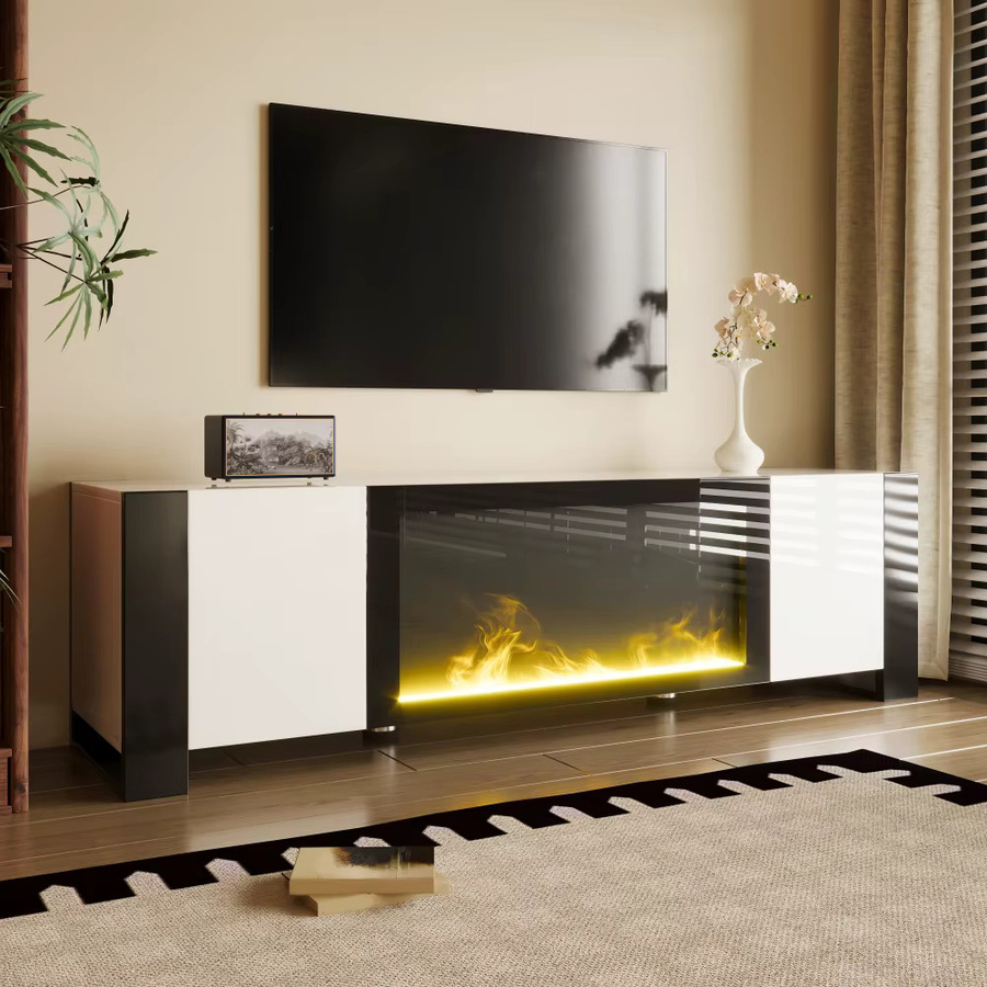 Ye Lowboard TV-Schrank mit elektrischem Kamin-Flammeneffekt in Weiß Hochglanz - Bild 3