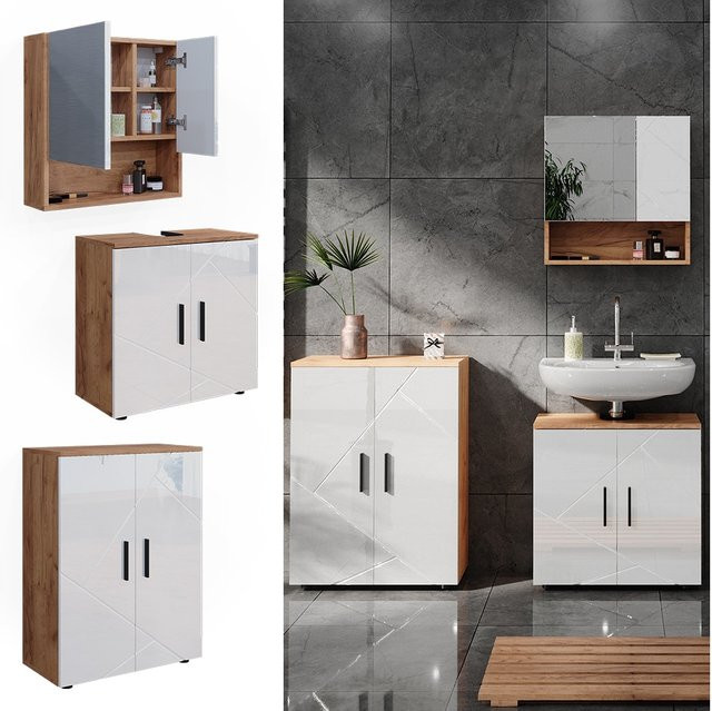 Vicco Badmöbelset Irma in Eiche und Weiß Hochglanz, 3-teiliges Badezimmer-Set mit Spiegelschrank und Unterschrank Breite: 60 cm - Bild 1
