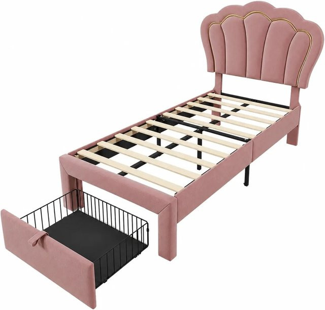okwish Kinderbett in Rosa mit LED-Unterbettbeleuchtung, Schubladen und Samtbezug, B/T/H: 90 x 200 x 106 cm - Bild 1