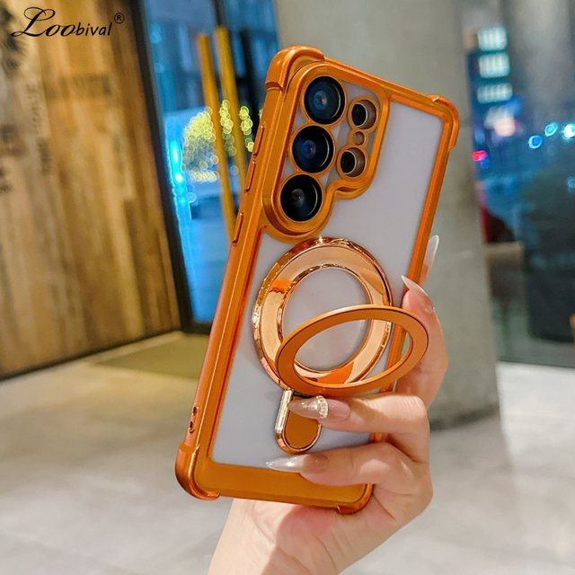 Matte MagSafe Schutzhülle für Samsung Galaxy S26 Ultra, S25 Plus, S24 FE und S23 mit galvanisiertem Ständer und Kameraschutzfolie in Blau oder Orange - Bild 1