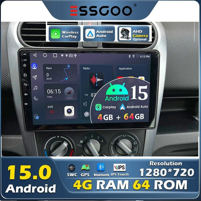 ESSGOO Multimedia-Videoplayer und Autoradio mit Android 15, kabellosem CarPlay und Android Auto, Bluetooth und Wi-Fi, Schwarz, für OPEL Agila, SUZUKI Splash und Ritz 2008–2014 - Bild 1