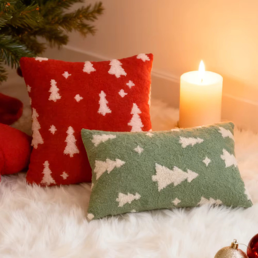 BUYNOW Plüsch Kissenbezug mit Weihnachtsbaum-Jacquard-Design für Sofa und Bett, Grau und Rot - Bild 1