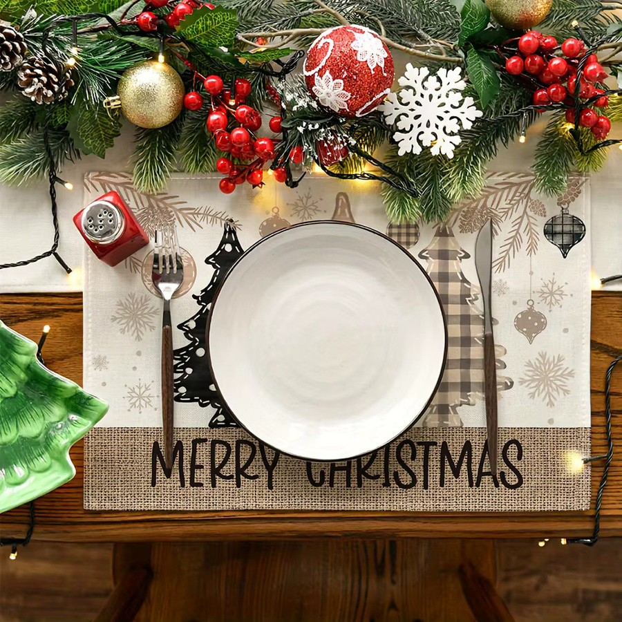 VIKAMA 4-teiliges weihnachtliches Tischset aus Leinen mit Goldrand und Tannenzapfen-Design - Bild 3