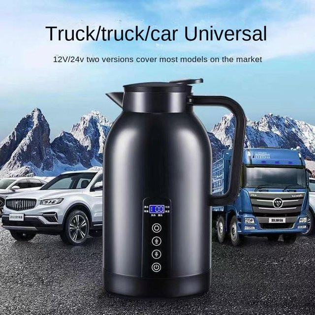 KIQUNE Tragbarer Wasserkocher für das Auto, 1200 ml, Schwarz, Edelstahl, 12V/24V für Reisen - Bild 1