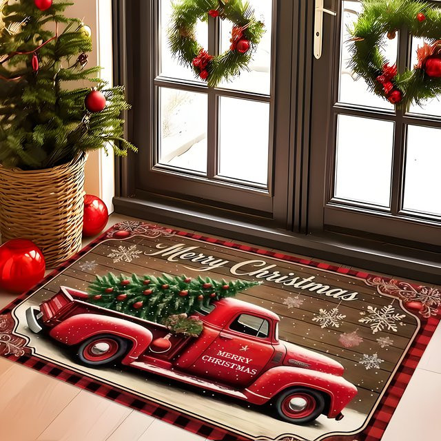 VIKAMA Weihnachtliche Willkommensmatte Merry Christmas mit rotem LKW-Print, rutschfest und weich, B/T: 60 x 40 cm - Bild 1