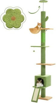 Pawz Road Deckenhoher Katzenbaumturm in Grün mit Hängematte und Höhle, verstellbar - Bild 1