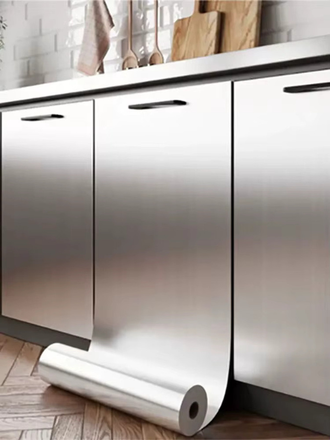 Dekorative PVC-Edelstahl-Tapete in Silber gebürstet, wasserdichte und ölbeständige Klebefolie für Küche, Kühlschrank und Schrank - Bild 5