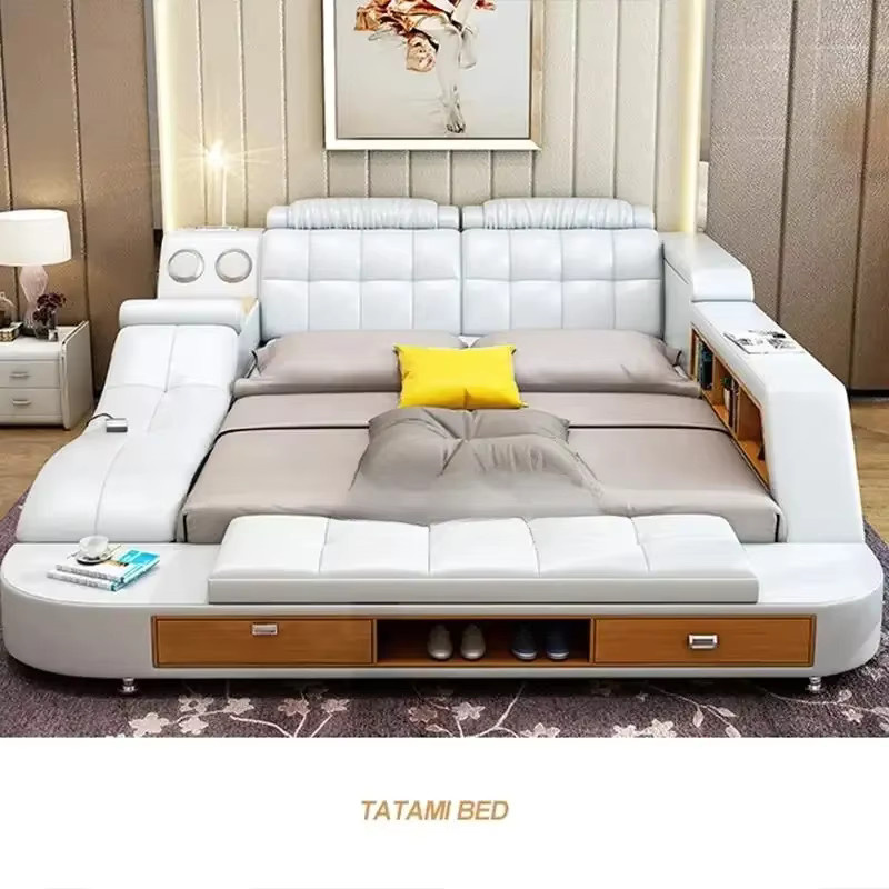 Modernes Doppelbett GY50GM mit Stauraum und integrierten Nachttischen aus weißem Kunstleder - Bild 1