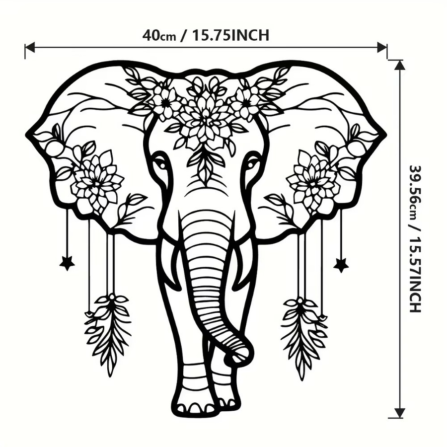 CIFBUY Handgefertigte Elefanten-Wandkunst aus Schmiedeeisen in Schwarz mit floralem Boho-Design - Bild 2