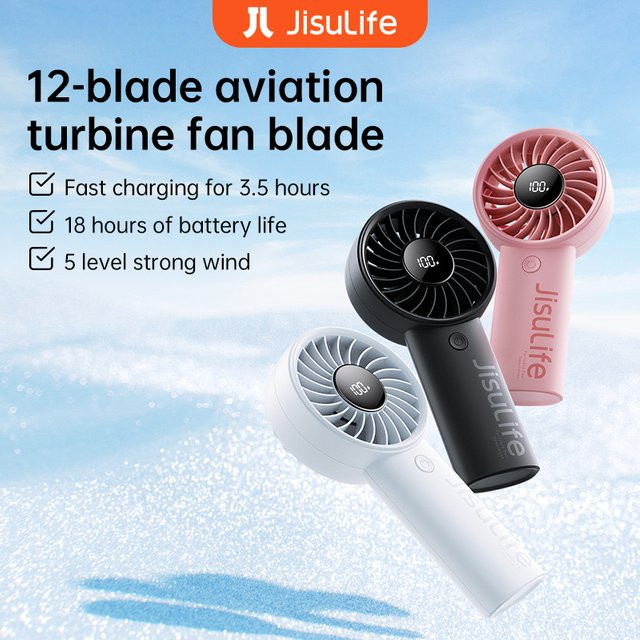 JISULIFE Mini Handventilator mit 5 Windstufen, 5000 mAh Akku, LED-Display und USB-Ladefunktion, Schwarz/Mehrfarbig - Bild 1