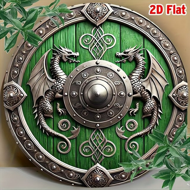 HELLOYOUNG Shield Viking Metall-Wanddekoration – Runde nordische Wandplakette mit Drachen- und Helmdesign in Antikgrün und Silber, Durchmesser: 20,3 cm - Bild 1