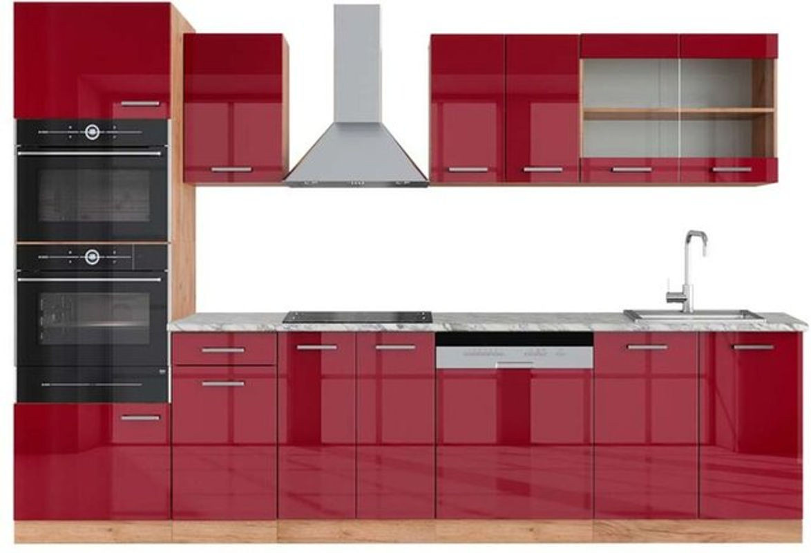 Vicco Küchenzeile R-Line in Bordeaux und Eiche Natur mit Hochschrank und Marmor-Optik, Breite: 300 cm, Höhe: 207 cm, Tiefe: 60 cm - Bild 1