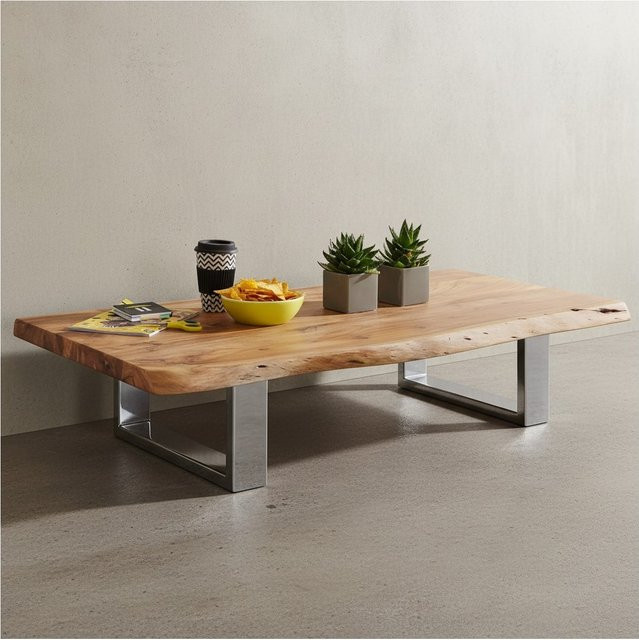 KADIMA DESIGN Couchtisch aus massivem Akazienholz mit Baumkante im Landhausstil und Metallbeinen, Braun, B/T/H: 115 x 58 x 25 cm - Bild 1