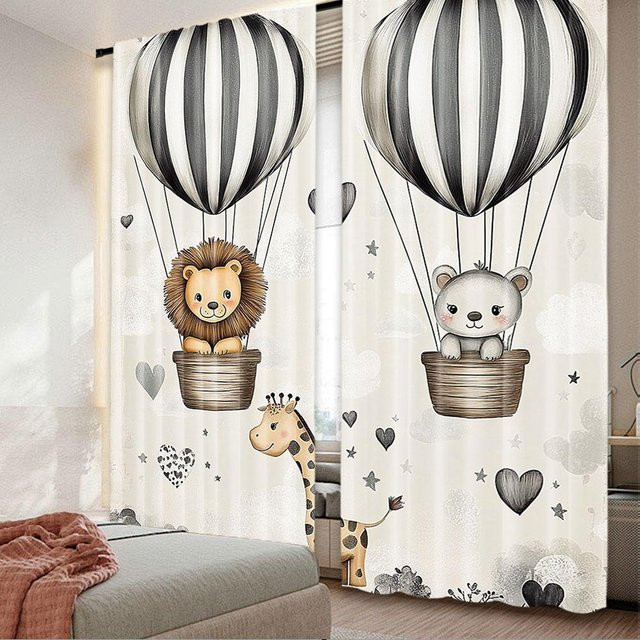 Lampayan Set aus 2 Tier-Vorhängen mit Giraffe und Löwe, Polyester, Mehrfarbig, B: 100 cm, H: 200 cm - Bild 1