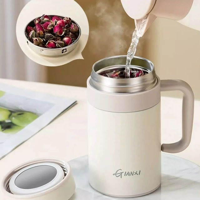 GIANXI Thermos Tasse für Frauen in Schwarz mit großem Fassungsvermögen und Tee-Wasser-Trennung sowie Tragegriff - Bild 1