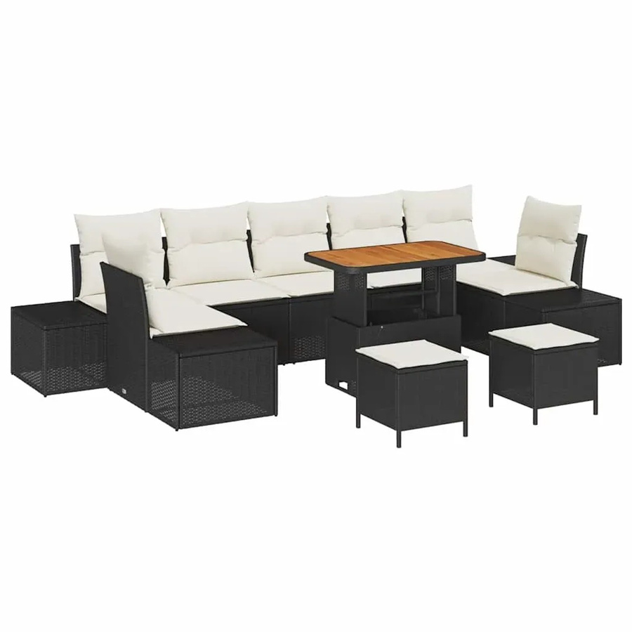 vidaXL Garten-Sofa-Set aus Poly-Rattan in L-Form mit 10-teiligem Set, Polsterkissen und Couchtisch, Schwarz und Beige - Bild 2