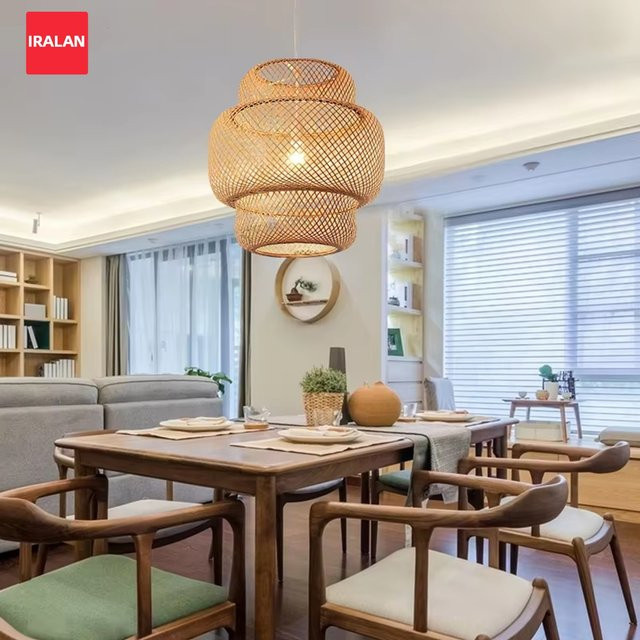 IRALAN Pendelleuchte aus natürlichem Bambus und Rattan im Boho-Stil, handgewebte Laterne für E27 Leuchtmittel - Bild 1