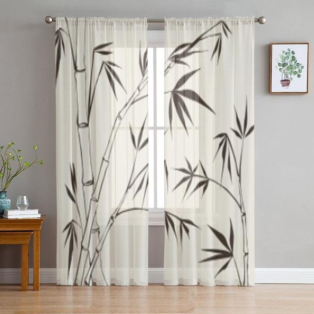 Schwarze Bambus-Vogel-Tüllvorhänge von A Family Of Home Textiles, semi-transparent, B: 135 cm, H: 114 cm - Bild 1