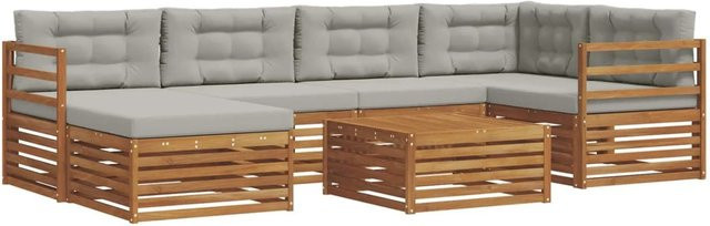 vidaXL Outdoor-Sofagarnitur aus Akazienholz in L-Form mit Kissen, 19-teiliges Set, Natur und Hellgrau - Bild 1