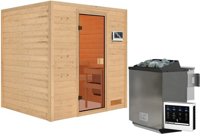 Karibu Sauna Adelina Set in Naturbelassen mit 9 kW Bio Ofen und externer Steuerung, Braun - Bild 1