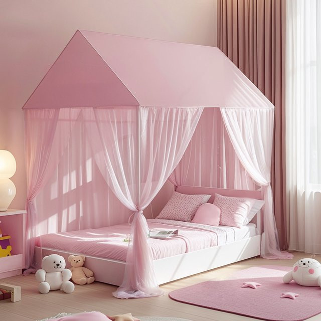 Luxuriöses Prinzessinnen-Himmelbett mit Moskitonetz und Vorhängen für Kinderzimmer in Weiß und Pink - Bild 1