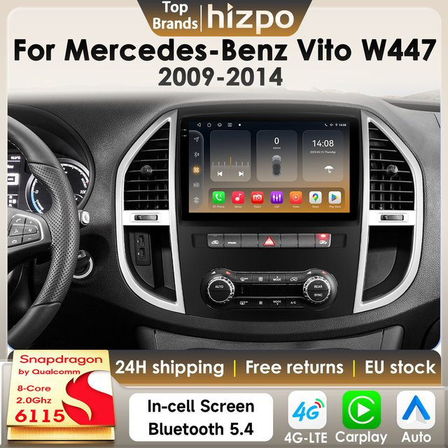 Hizpo Android 14 Autoradio für Mercedes Benz Vito W447 2014 - 2021 mit 8GB RAM, 128GB Speicher, Snapdragon 6115, GPS und 4G Carplay in Schwarz - Bild 1