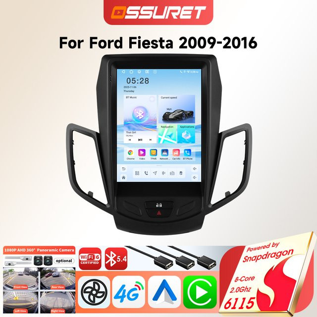 OSSURET Android Autoradio für Ford Fiesta 2009-2017 mit 9,7 Zoll vertikalem Bildschirm, Multimedia-Stereoanlage mit GPS und Carplay in Schwarz - Bild 1