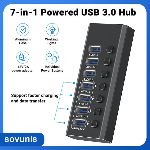 7-in-1 USB 3.0 Dockingstation mit 7 Ports und unabhängigen Schaltern, Schwarz - Bild 1