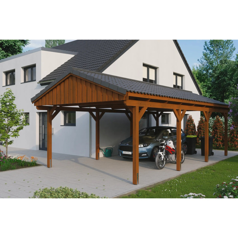 Skan Holz Carport Fichtelberg aus Fichte Leimholz in Nussbaum Braun, B/T: 423 x 808 cm, Höhe: 326 cm - Bild 2