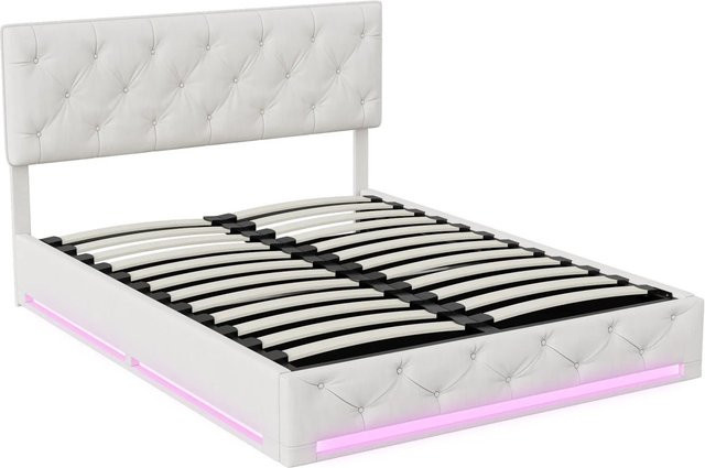 PXloue Doppelbett mit LED-Beleuchtung und hydraulischem Stauraum in Beige, B/T/H: 140 x 200 x 113 cm - Bild 1