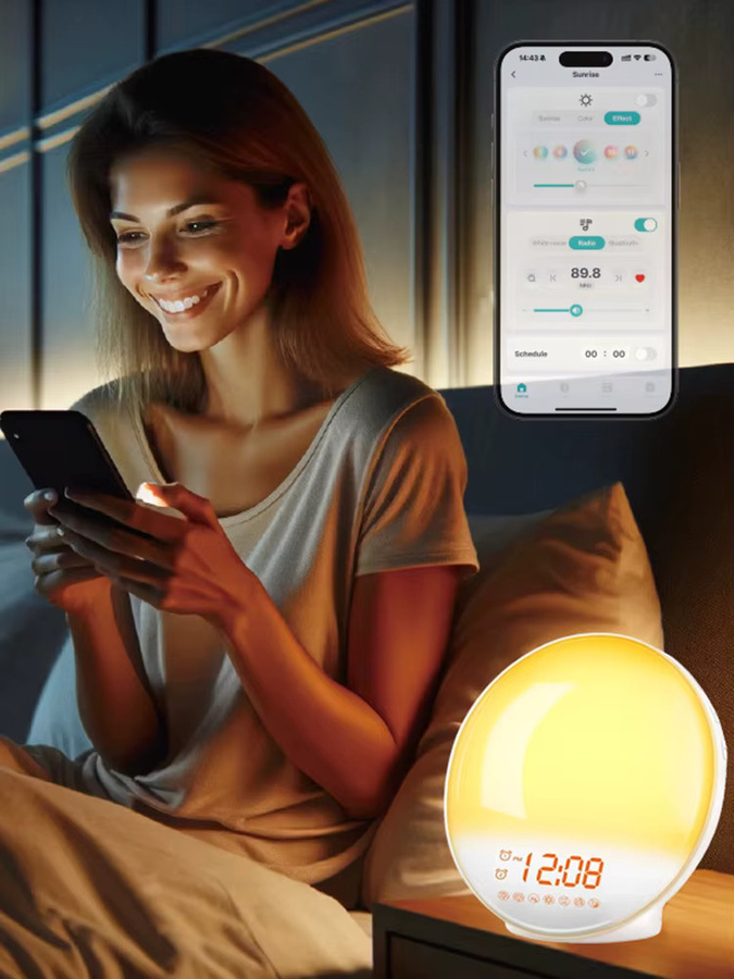 Niditon Intelligenter Wecker in Weiß mit Lichtfunktion, Digitaler Tischuhr mit Naturgeräuschen, Bluetooth-Lautsprecher, App-Steuerung und FM-Radio - Bild 6