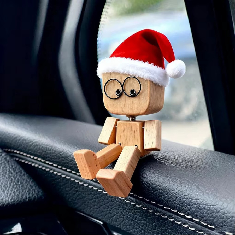 BoFaCarry Handgefertigte Weihnachtsmütze Holzpuppe mit schüttelnden Füßen als Dekoration für Auto Armaturenbrett oder Desktop in Mehrfarbig - Bild 5