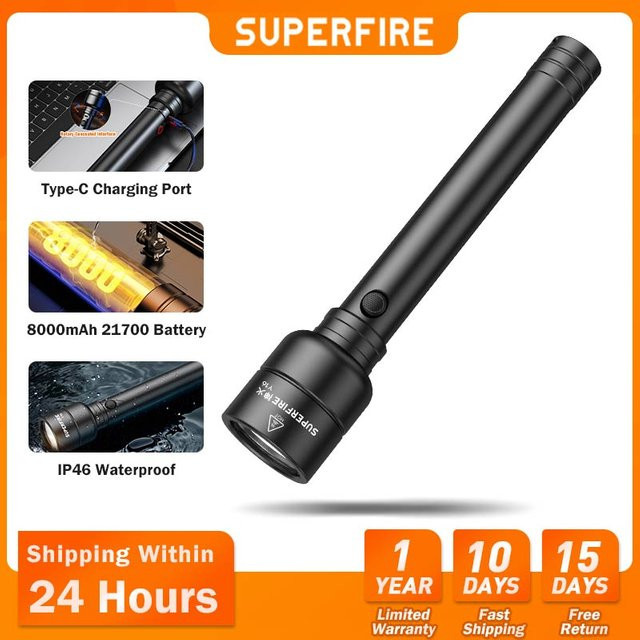 SUPERFIRE Taschenlampe Y16 in Schwarz mit 20 W LED, IP46 wasserdicht und wiederaufladbarem 8000 mAh Akku - Bild 1