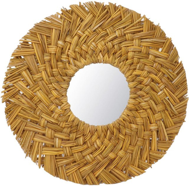 OutsideWorld Wandspiegel aus Strohgeflecht im Retro-Design, rund, Gold/Beige - Bild 1