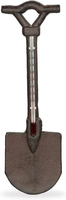 Relaxdays Außenthermometer in Spaten-Form aus Gusseisen in Braun mit Antik-Design, B/H: 30 x 9 cm, Tiefe: 1,5 cm - Bild 1