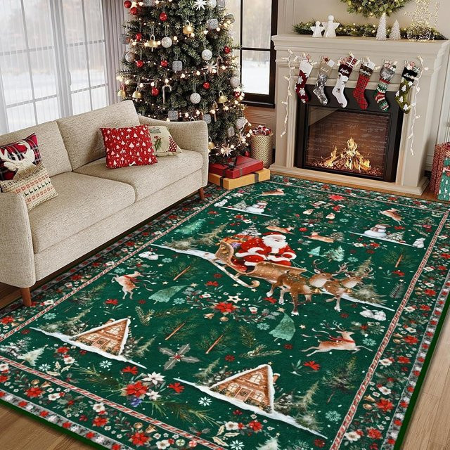 Festlicher Weihnachtsteppich mit Weihnachtsmann und Rentier von Lodestar in Rot und Grün, rutschfeste Polyester-Matte für Wohnzimmer und Schlafzimmer, B/H: 60 x 40 cm - Bild 1