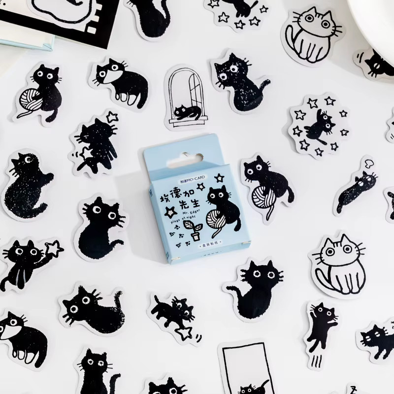 Kawai Schreibwaren Sticker-Set mit Retro Pflanzen- und Blumenmotiven in der Box, Schwarz - Bild 1