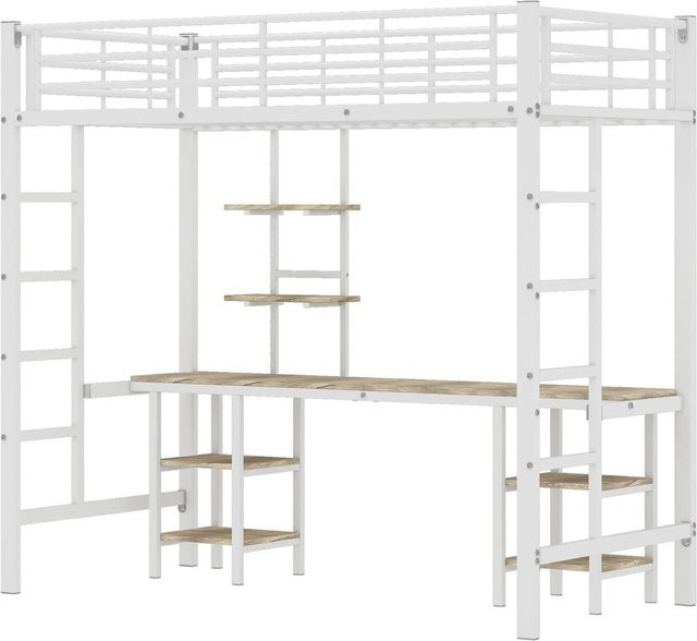 okwish Etagenbett aus Metall in Weiß mit Tisch, Regalen, Seitenleiter und Fallschutzgitter, B/T/H: 200 x 90 x 180,5 cm - Bild 1